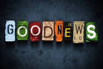 Goodnews word on vintage broken car license plates, concept sign